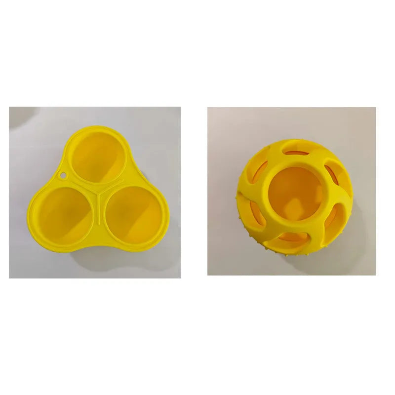 Yellow silicone pet slow feed ball with dental cleaning grooves and removable snack mold accessory