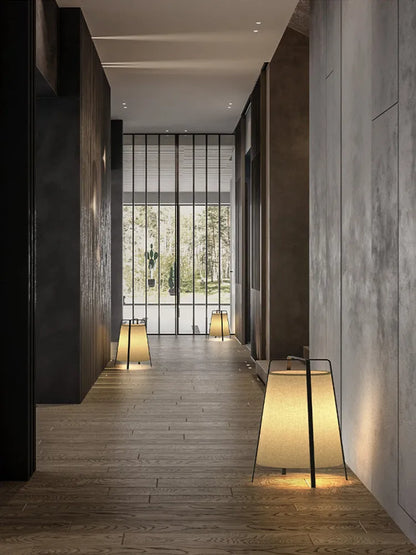 Japanese wabi-sabi floor lamp with cloth shade, iron frame, LED light source and push-button switch