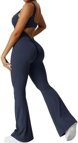 Women's sleeveless flare jumpsuit for yoga in high elasticity polyester fabric.