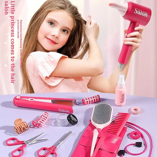 Children's plastic hair salon toy set with hair dryer and curler pieces for role-play
