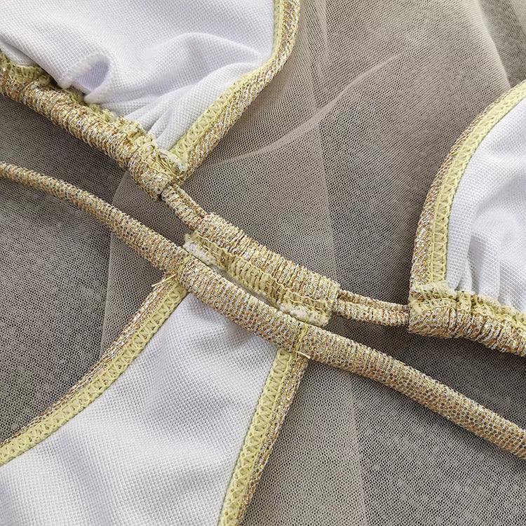 Women's gold foil stamped two-piece beach swimwear set with quick-drying fabric