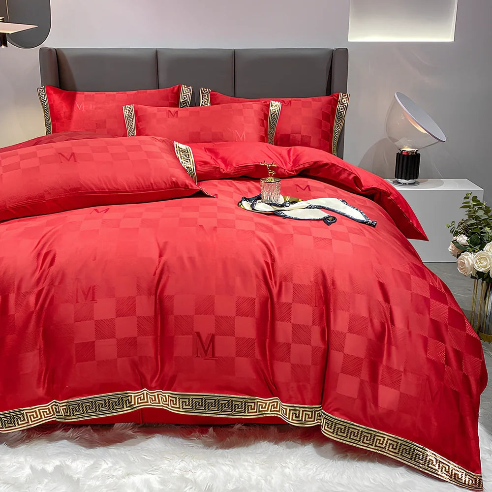 Cotton jacquard bed set with embroidery detailing and deep pocket fitted sheets in Advanced Grey colour