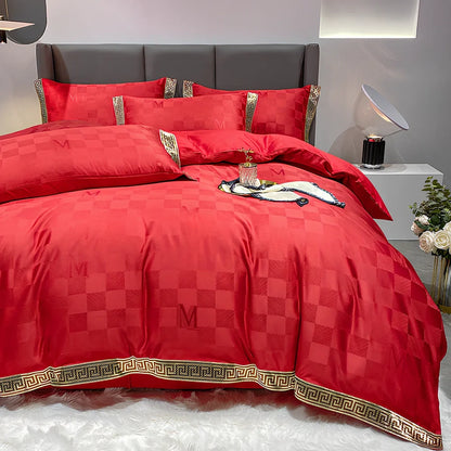 Cotton jacquard bed set with embroidery detailing and deep pocket fitted sheets in Advanced Grey colour