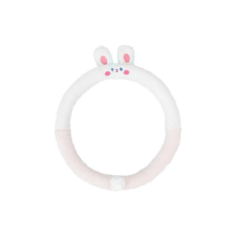 Plush steering wheel cover with rabbit fur embroidery showing cartoon animal design on 38cm diameter