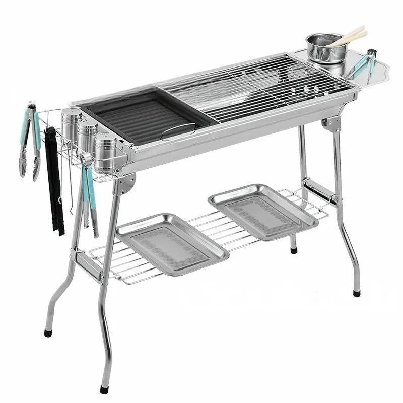 Stainless steel portable folding barbecue oven with 73cm wide grill surface for outdoor cooking