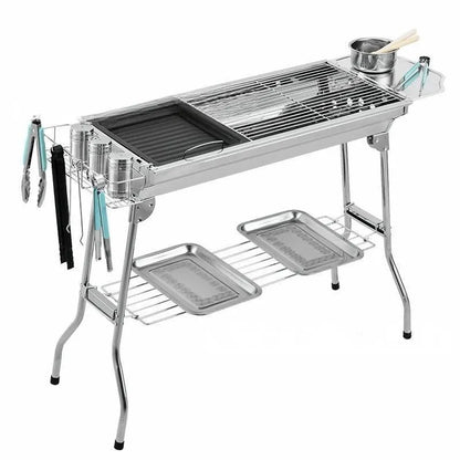 Stainless steel portable folding barbecue oven with 73cm wide grill surface for outdoor cooking