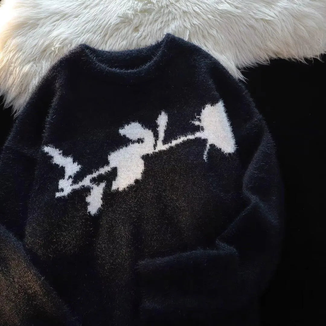 Men's black pullover sweater with flocking horse graphic on chest, long sleeves