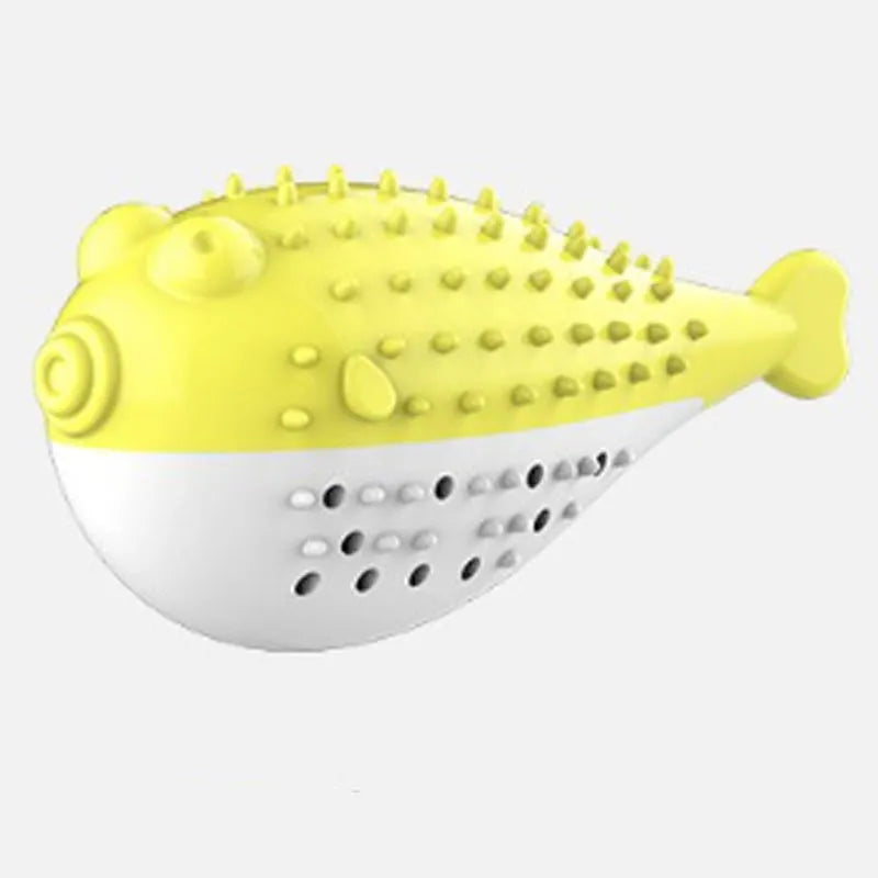 Small blue silicone fish-shaped chew toy for cats on a plain background.