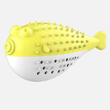 Small blue silicone fish-shaped chew toy for cats on a plain background.