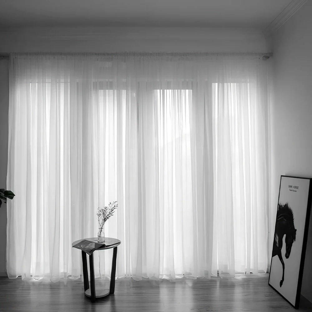 Simple modern balcony solid colour gauze curtain in beige showing light transmission effect