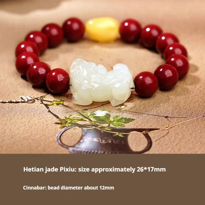 Traditional Chinese Hetian jade bracelet with black and red adjustable ropes and jade beads