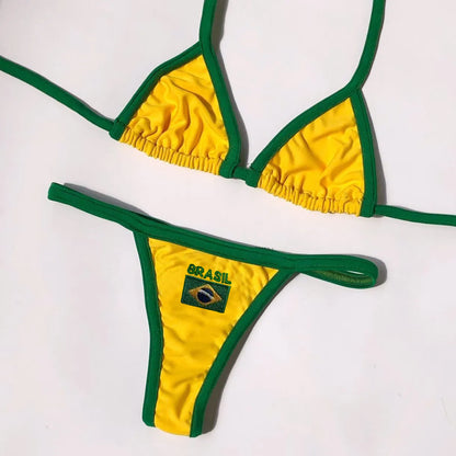 Women's slim fit T-back bikini set in blue, green, or yellow with shorts-length pants.