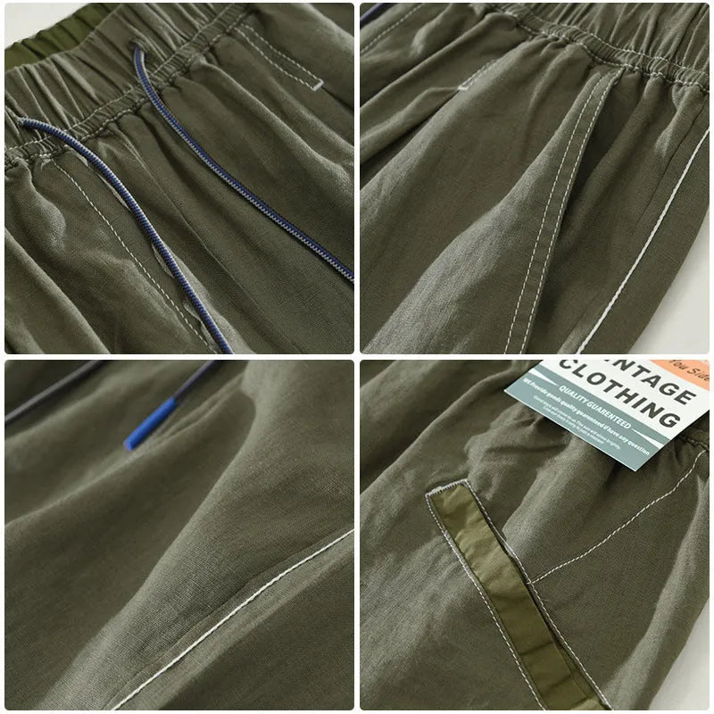 Men's solid colour linen shorts in loose straight drooping style on hanger
