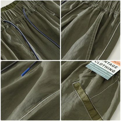 Men's solid colour linen shorts in loose straight drooping style on hanger