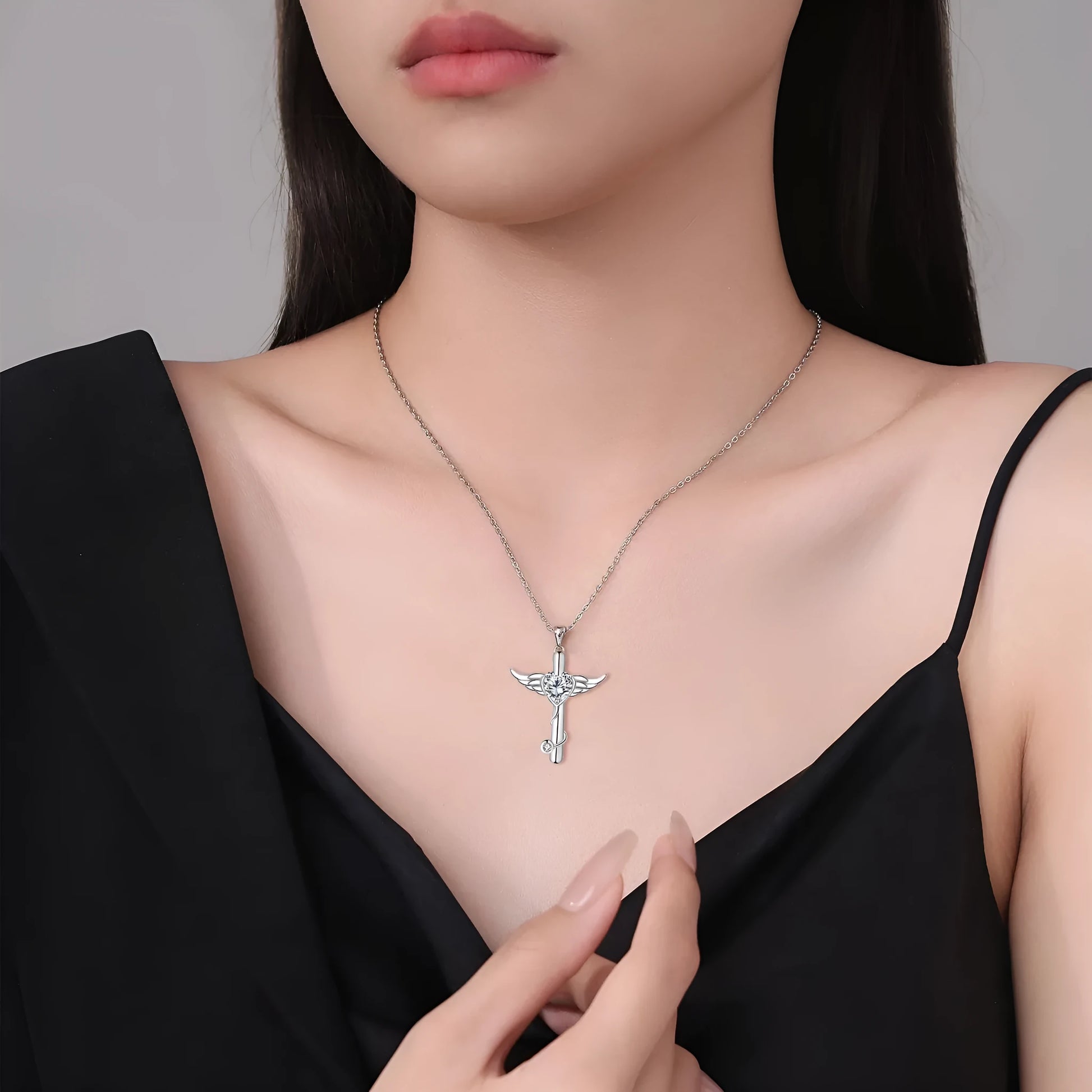 Wings cross stethoscope necklace for women in electroplated copper with diamond colour accents