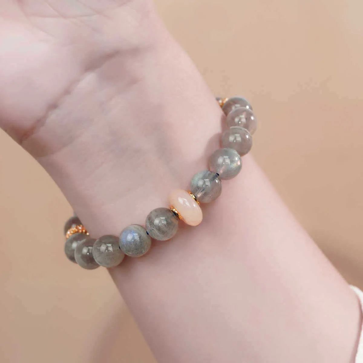 Grey moonstone bracelet for women with 8mm beads in a simple half-bracelet design