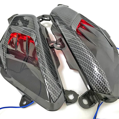 NMAX155 side lamp with LED carbon fibre decoration showing blue light option and ABS construction
