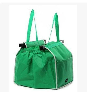 Foldable reusable grocery tote bag in green color, featuring durable construction, generous pockets, and a fold-flat design for easy storage