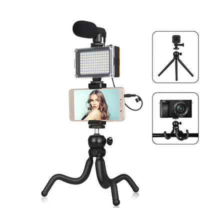 Black flexible phone tripod with integrated fill light and microphone for Apple iPhone live streaming