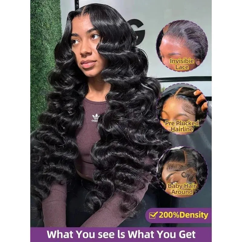 300 density loose wave HD lace wig in black chemical fiber, 20-40 inch length, 13x4 or 13x6 frontal.