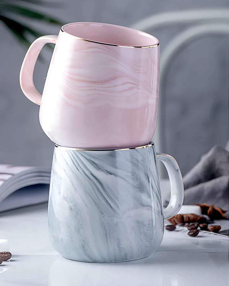 Grey marble pattern ceramic breakfast cereal mug with 350ml capacity and rounded handle