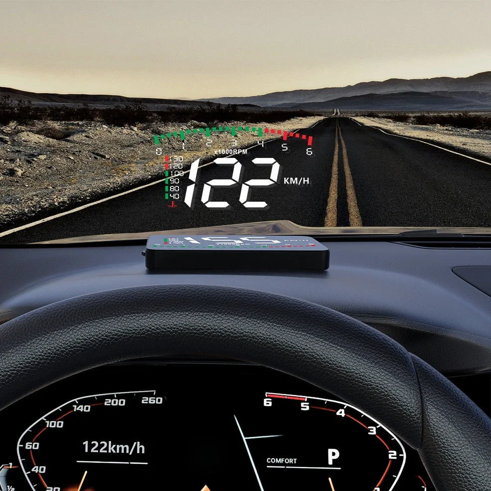 Automotive HUD display with 3.5-inch LED screen showing speed projection on vehicle windscreen