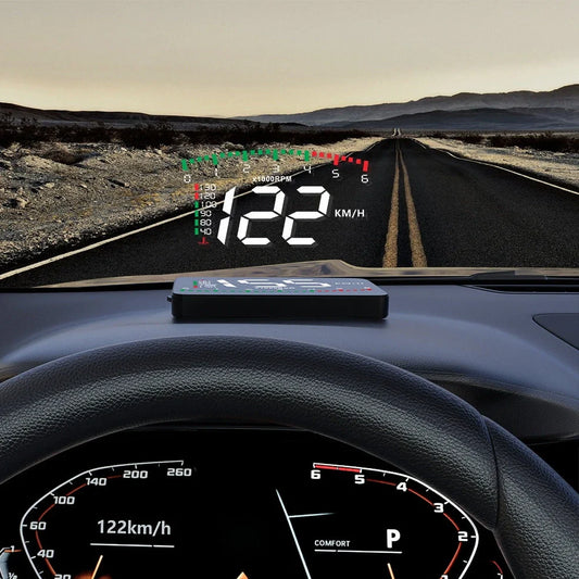 Automotive HUD display with 3.5-inch LED screen showing speed projection on vehicle windscreen