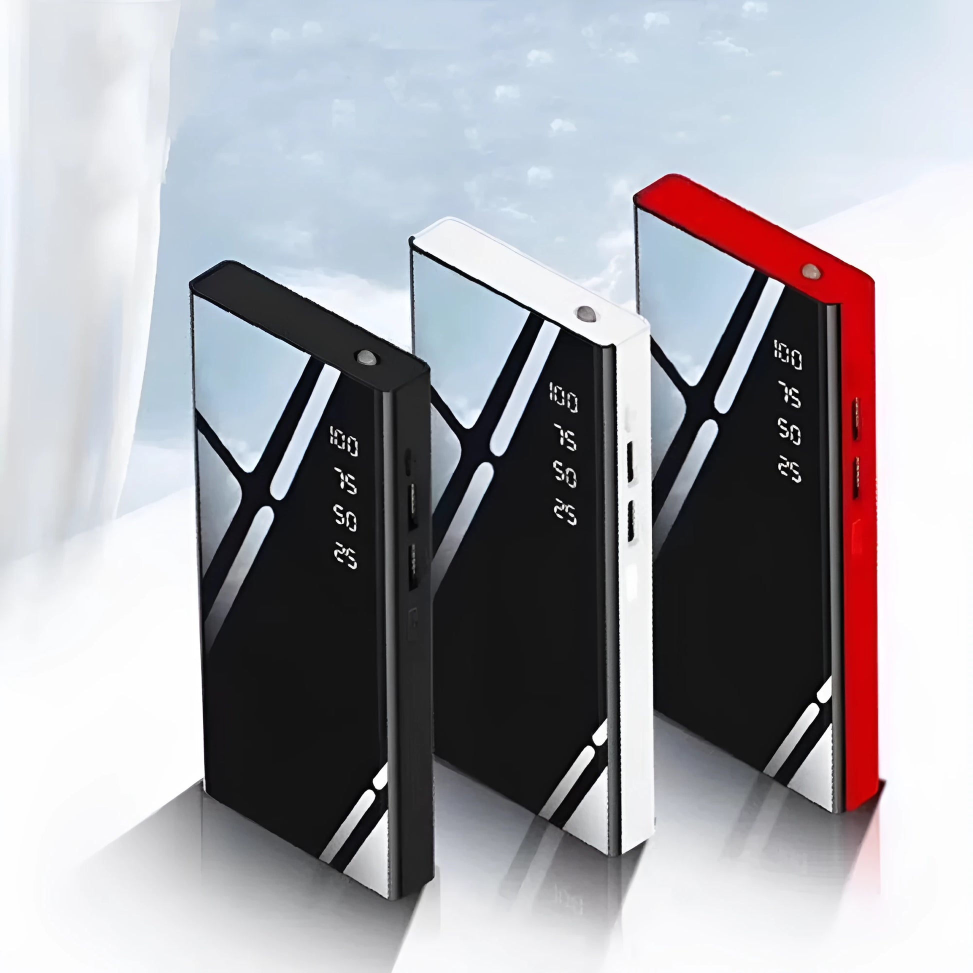 Black 20000mAh power bank with LCD display showing battery percentage and dual USB ports