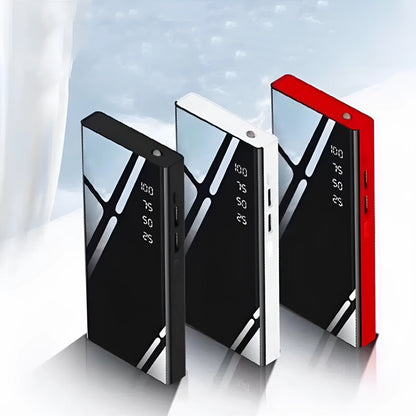 Black 20000mAh power bank with LCD display showing battery percentage and dual USB ports