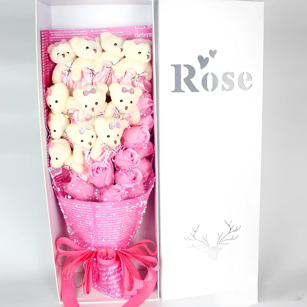 Handmade plush toy bouquet with 11 cartoon bears and chiffon roses in presentation box