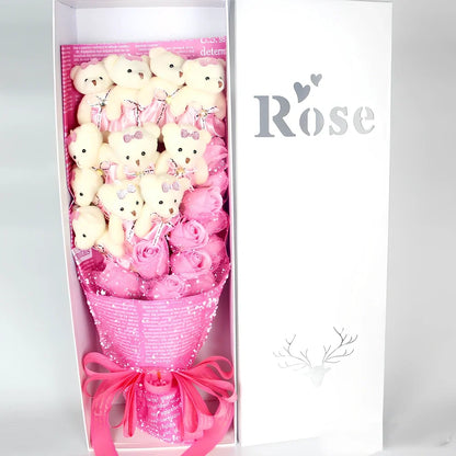 Handmade plush toy bouquet with 11 cartoon bears and chiffon roses in presentation box
