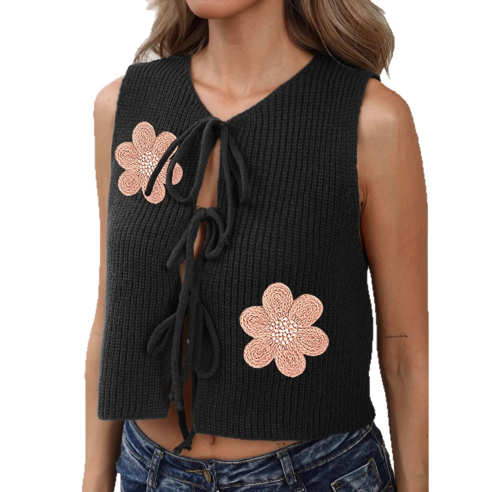 White deer plush polyester vest cardigan with lace-up front, bow, and apricot flower embroidery on chest.