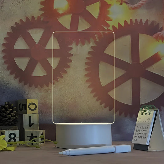 Transparent luminous acrylic desktop tablet with USB warm yellow light, 193mm x 100mm size, includes pen for writing