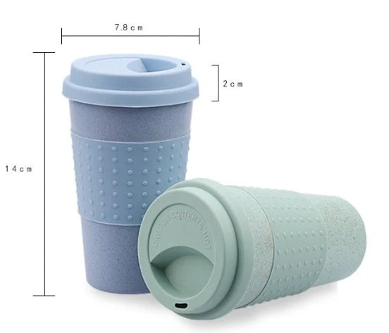 Eco-friendly wheat straw coffee cup with lid in green, pink, and blue