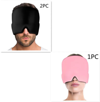 Black elastic cooling gel eye mask for headache relief placed on a forehead.