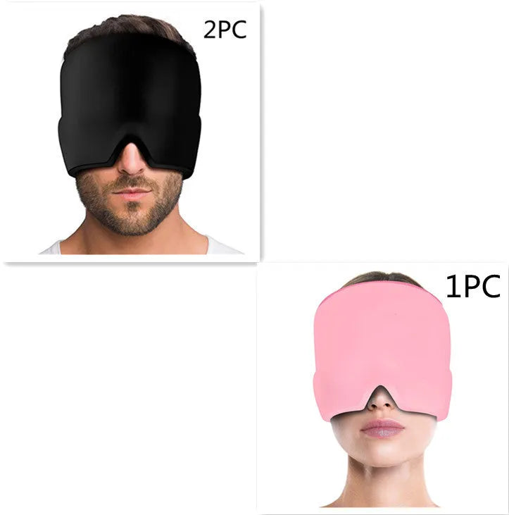 Black elastic gel headache relief mask laid flat showing eye contours and adjustable headband.
