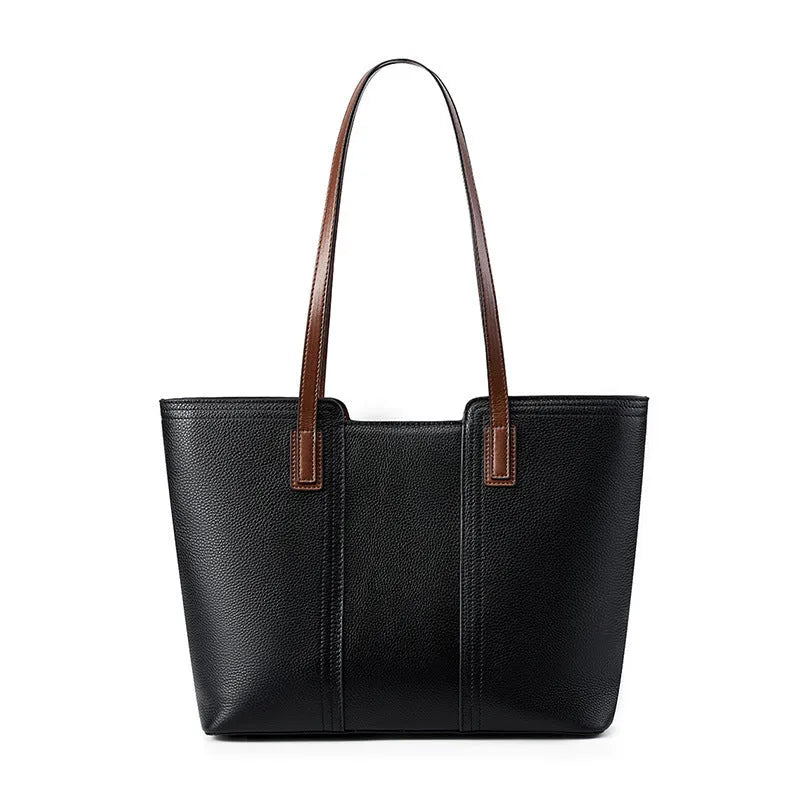 Women's genuine leather large capacity crossbody commuter bag in black, shown with internal organised compartments.
