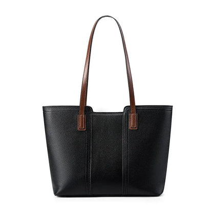Women's genuine leather large capacity crossbody commuter bag in black, shown with internal organised compartments.