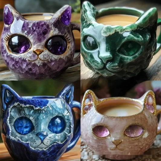 Purple geode resin mug with cat-shaped handle showing crystal-like texture and 11cm height