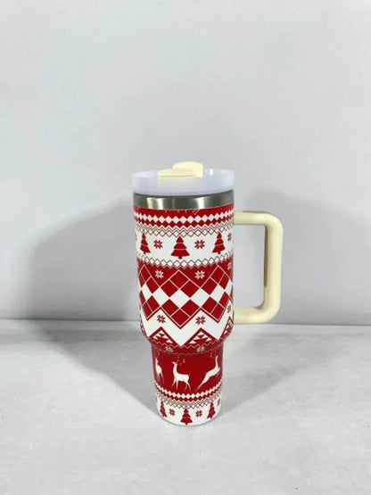 Stainless steel travel tumbler with handle, 1200ml capacity, Christmas pattern design, car cup holder compatible