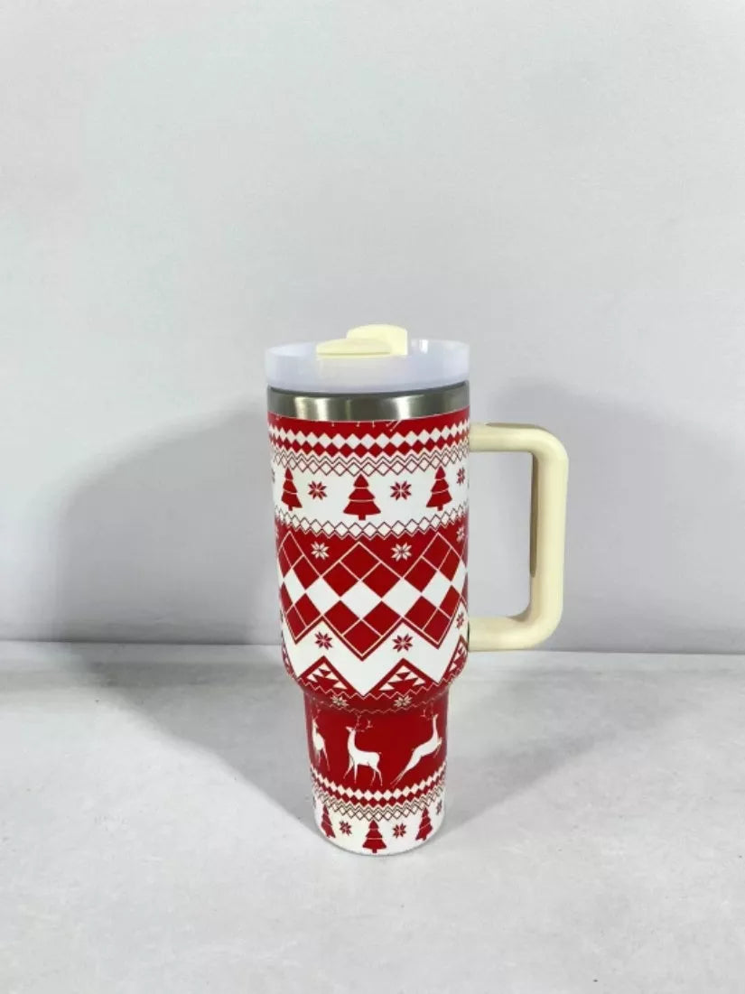 Christmas pattern stainless steel vacuum tumbler with handle and straw