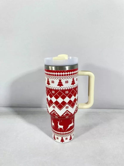 Christmas pattern stainless steel vacuum tumbler with handle and straw
