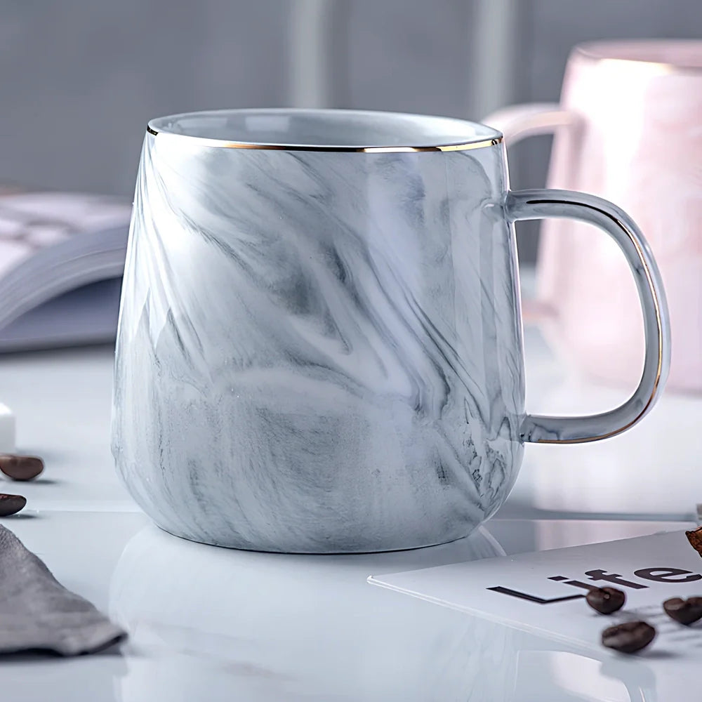 Grey marble pattern ceramic breakfast cereal mug with 350ml capacity and rounded handle
