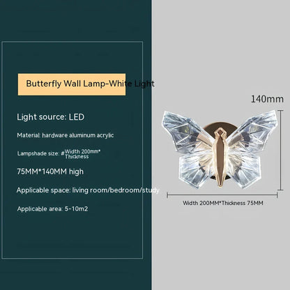 Butterfly-shaped crystal wall lamp with aluminium frame and multi-colour LED lighting for bedroom decoration
