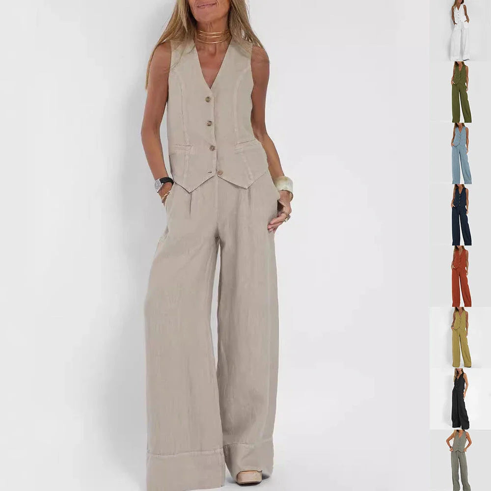 Stylish women's summer vest outfit with V-neck, sleeveless top, and loose straight trousers in a variety of colors