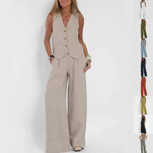 Stylish women's summer vest outfit with V-neck, sleeveless top, and loose straight trousers in a variety of colors