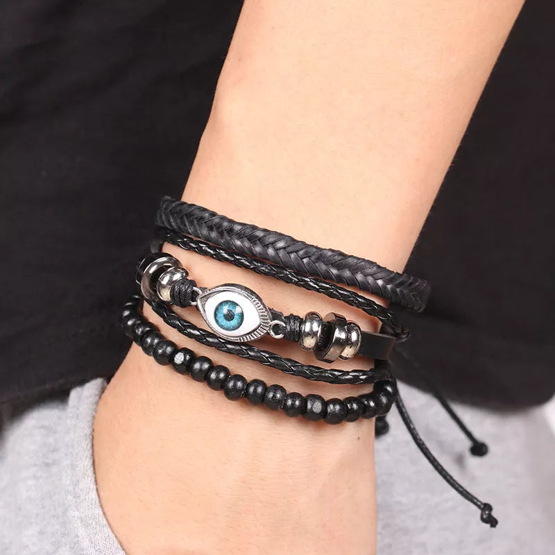 Braided leather cord brown eye bracelet with alloy charm