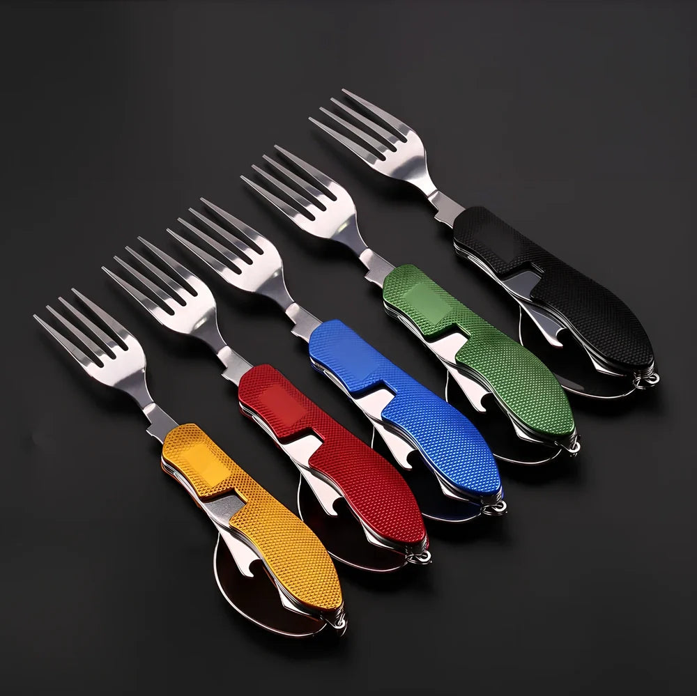 Green multi-functional 4-in-1 folding knife in stainless steel, showing folded knife, spoon, removable fork, and bottle opener for outdoor use