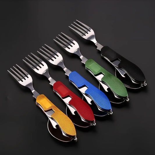 Green multi-functional 4-in-1 folding knife in stainless steel, showing folded knife, spoon, removable fork, and bottle opener for outdoor use