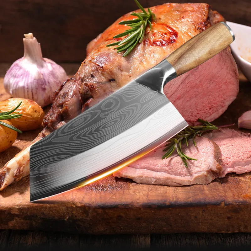 Stainless steel kitchen knife with a 320mm blade on a plain background.